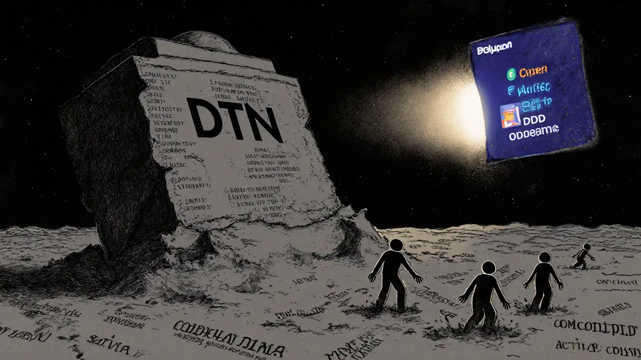 A crumbling DTN monument sinking into blockchain quicksand as desperate figures reach out.