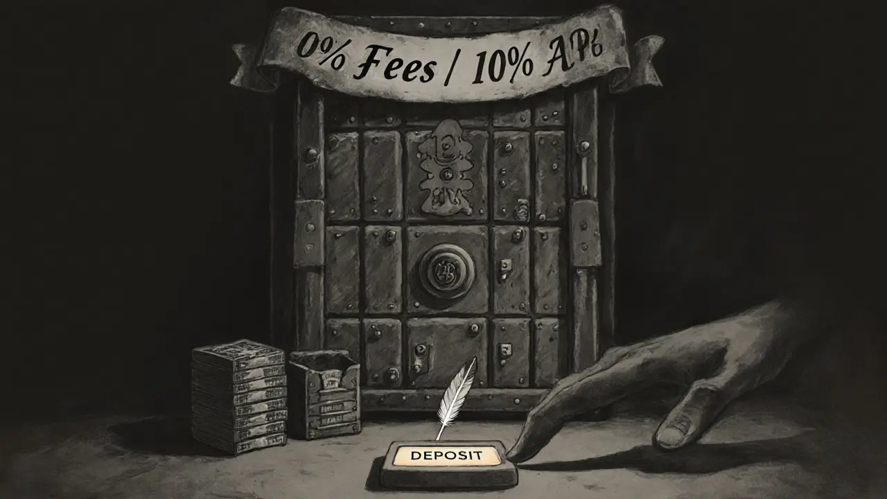 Abstract vault with cold and hot wallets, fading fee banners, and a hand hesitating over a deposit button in charcoal.