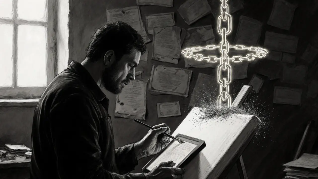 An artist signing a painting while a digital blockchain chain rises above it, with old certificates crumbling in the background.