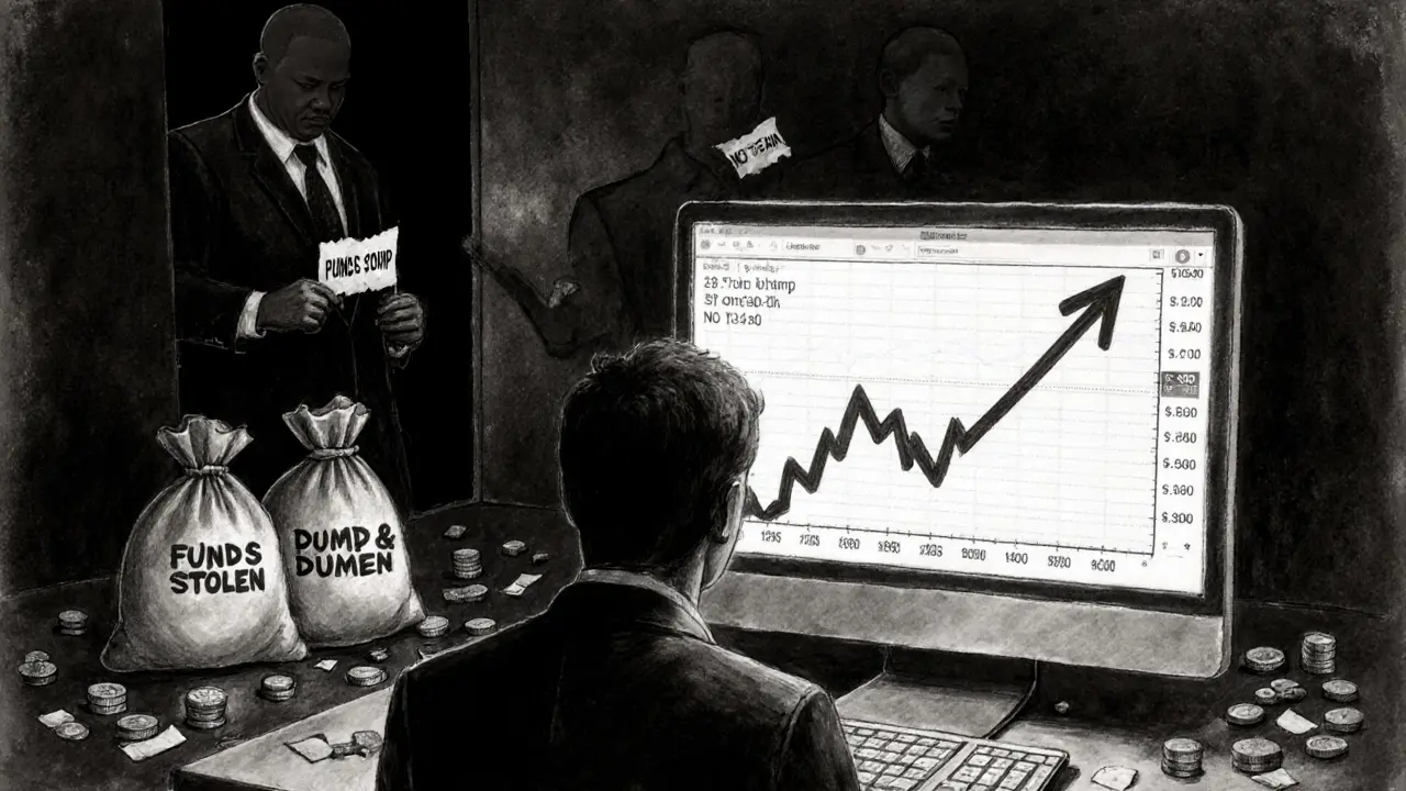 An investor facing a fake price chart while shadowy figures steal funds in a dark room.