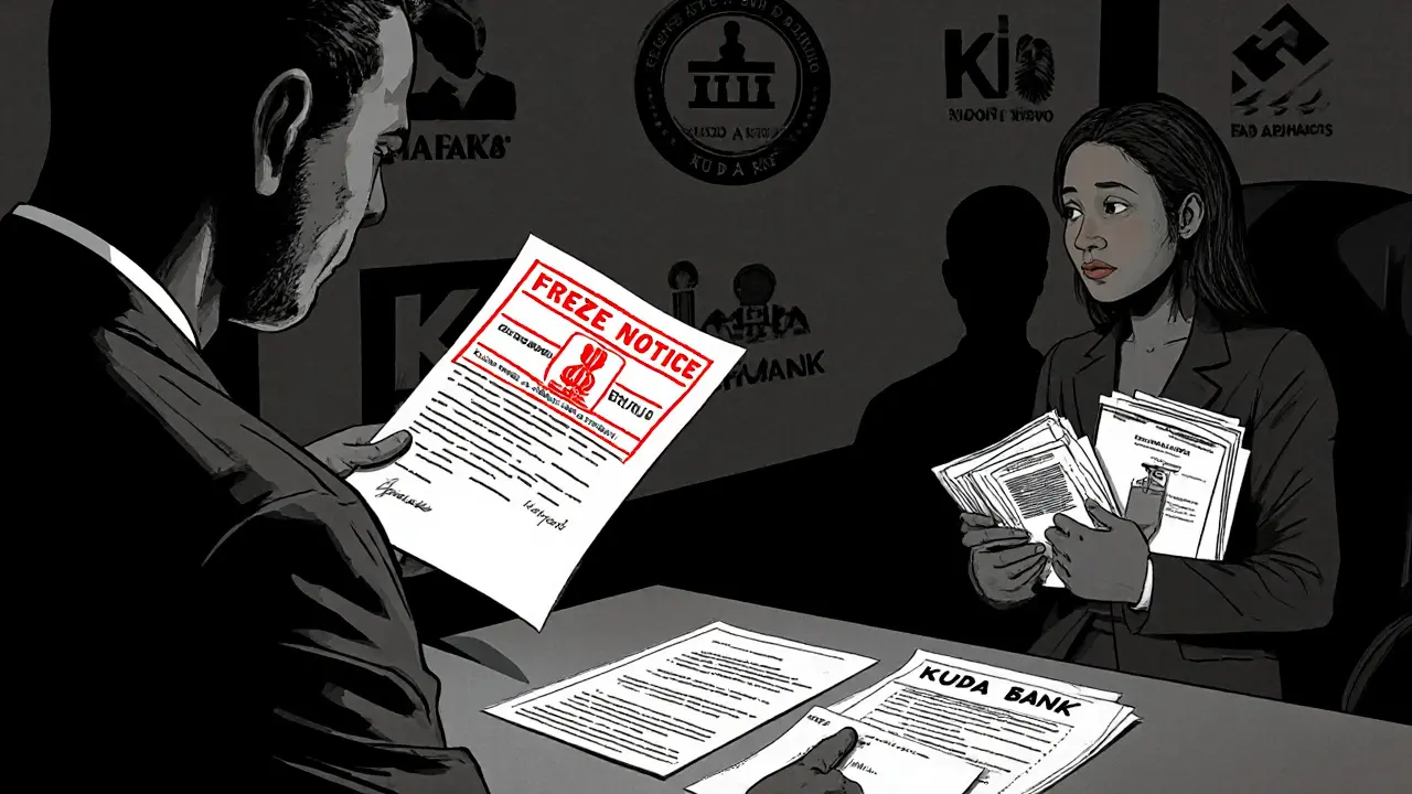 Bank officer holding a freeze notice while a client presents trade records and ID documents.