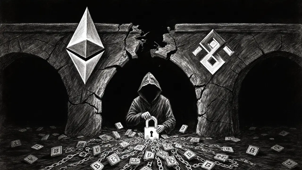 Broken bridge between Ethereum and BSC with a hooded figure and spilling tokens.