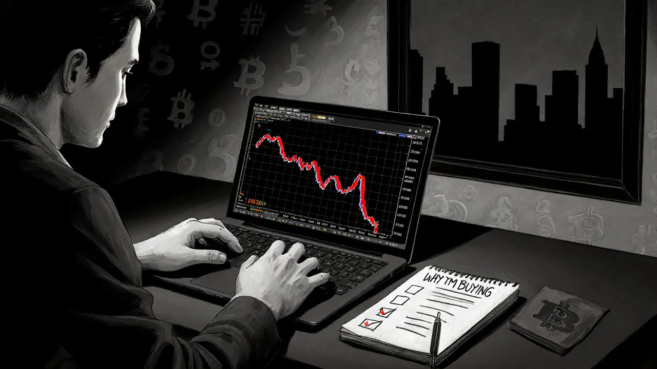 Calm trader reviews risk management notes and Bitcoin chart after a fear-driven entry.