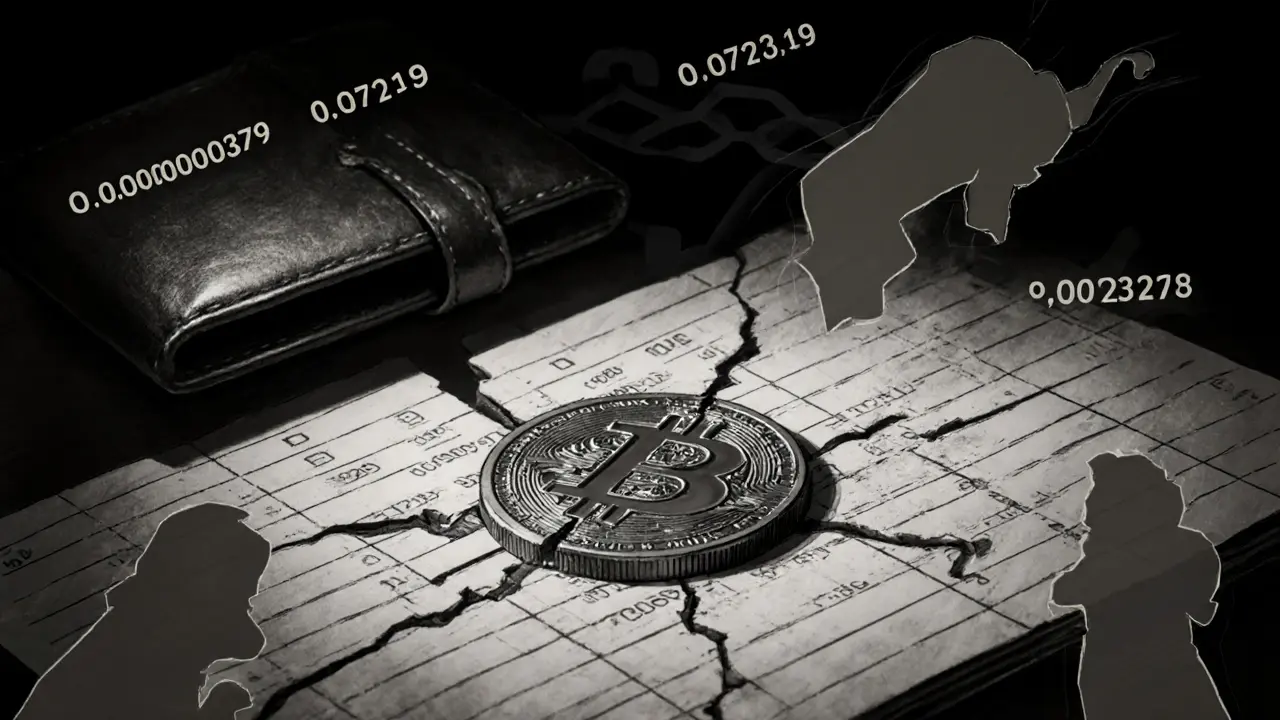Charcoal drawing of a broken DOGS token, empty wallets, and erratic price numbers.