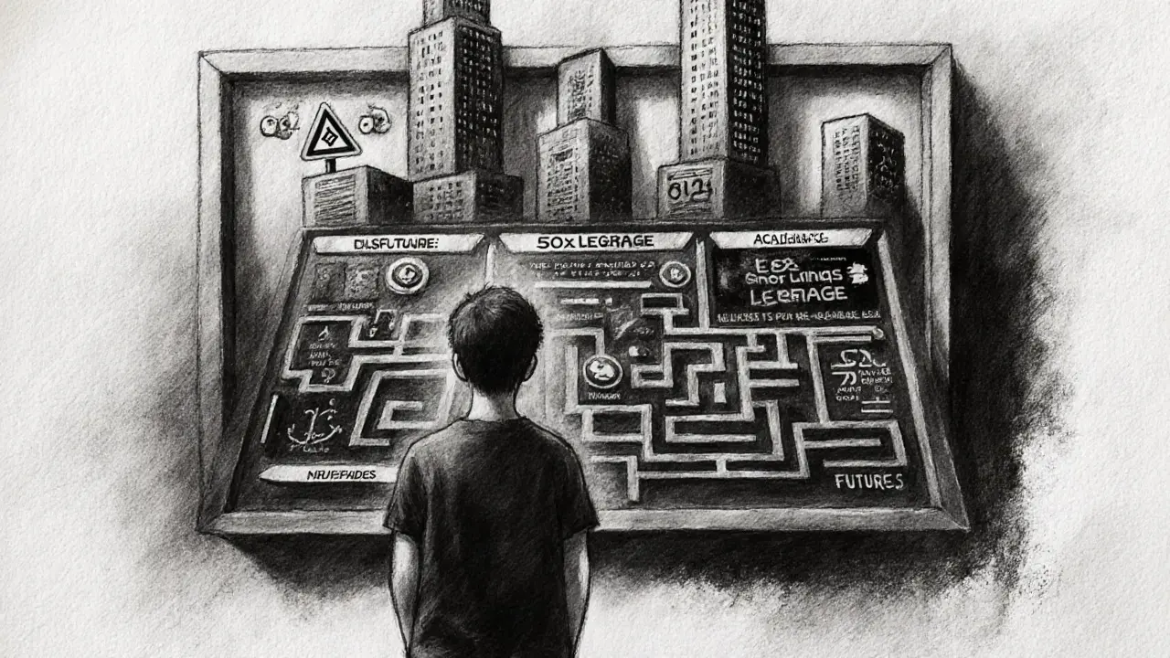 Charcoal drawing of a overwhelmed beginner facing a complex Binance interface with warning signs.