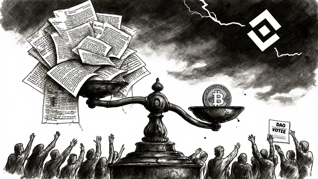 Charcoal drawing of a scale balancing BNB coin against legal documents and a distant DAO ballot.