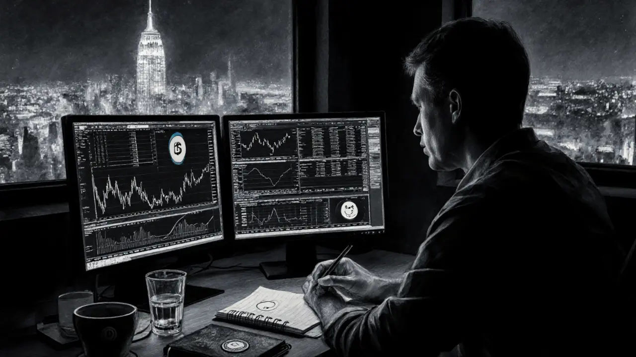 Charcoal drawing of a trader analyzing crypto charts at night, with faint memecoin icons, depicting speculative trading.