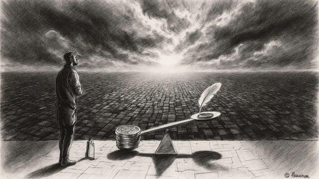 Charcoal drawing of an artist viewing the canvas horizon amid clouds of market volatility.