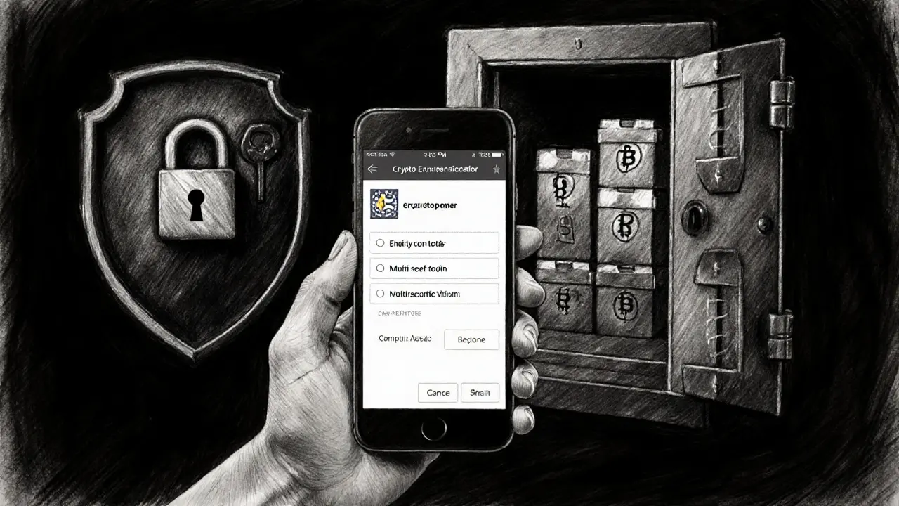 Charcoal drawing of MFA phone prompt, vault door, and encryption shield representing Excalibur&#039;s security features.