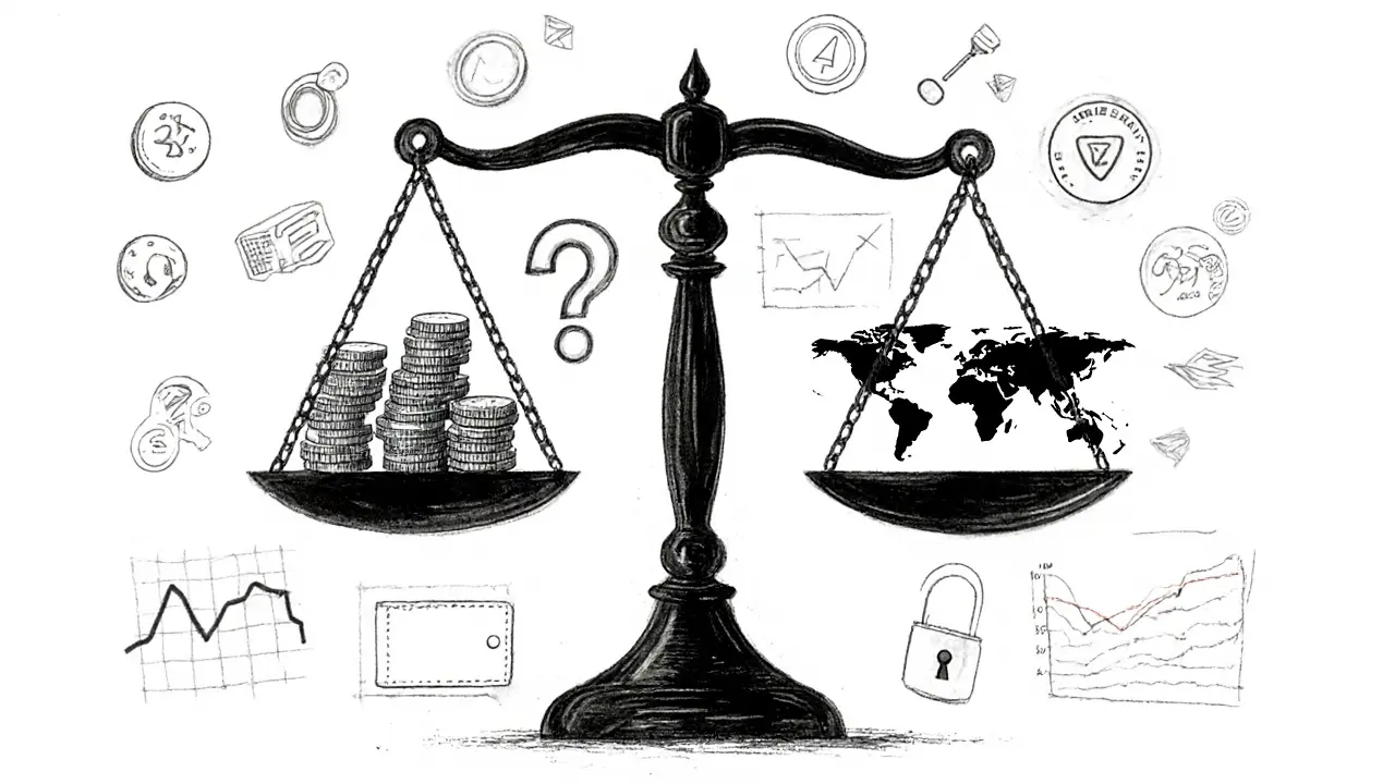 Charcoal drawing of scales balancing Azbit’s benefits against risks, with a world map and hardware wallet.