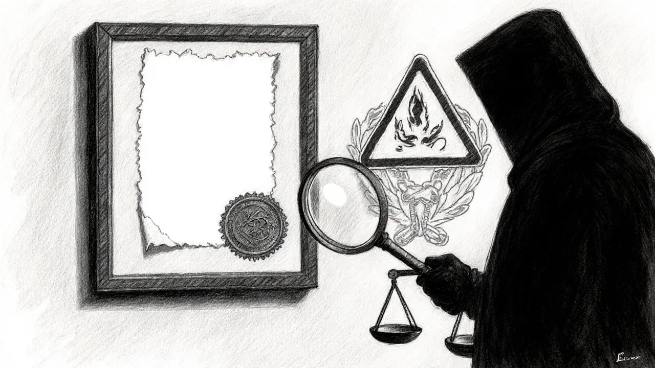 Charcoal drawing showing an empty certificate, scales of justice and a magnifying glass representing regulatory uncertainty.