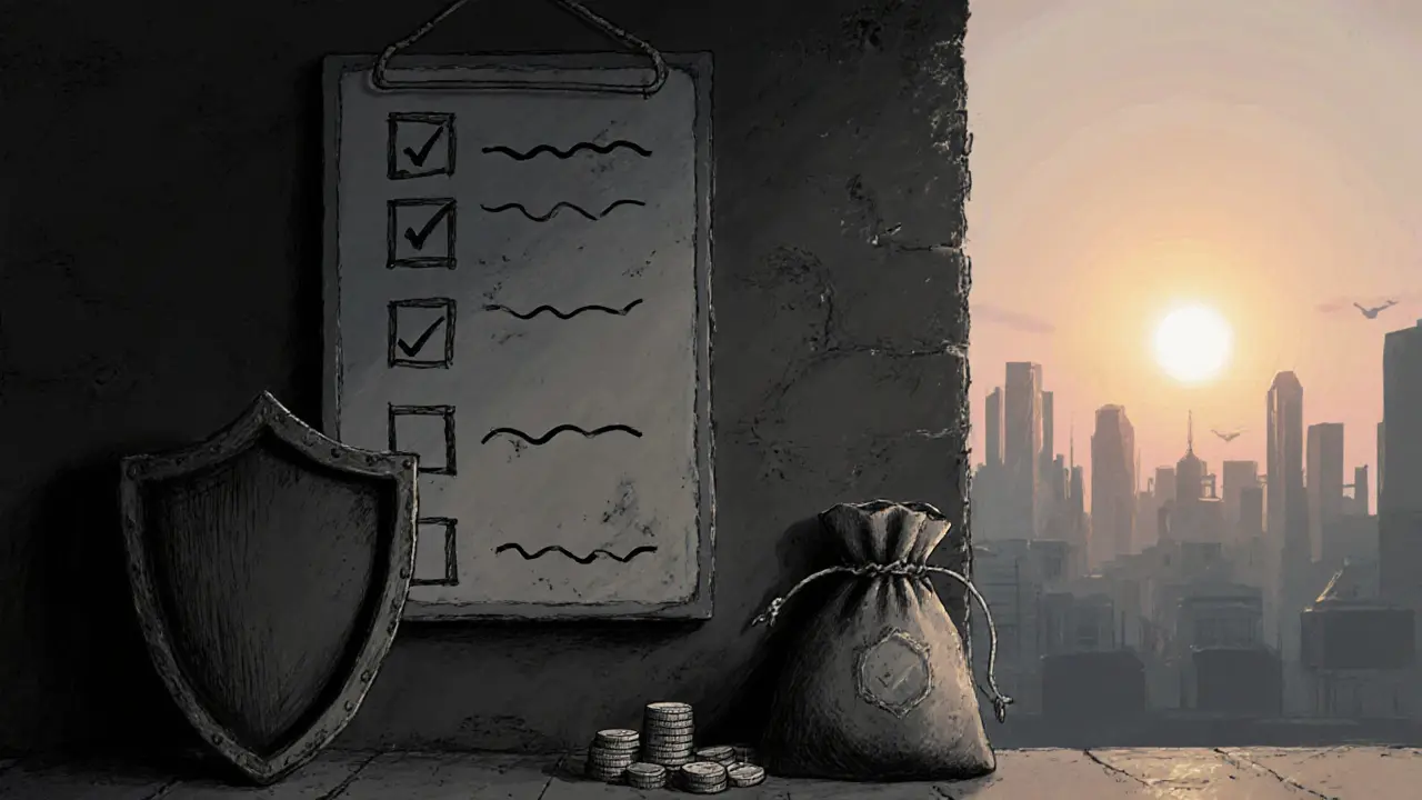 Charcoal illustration of a checklist with ticked boxes, a shield, and a sunrise suggesting safe airdrop prospects.