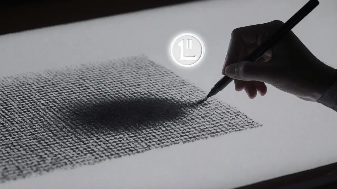 Charcoal illustration of a hand painting a pixel on the massive canvas with 1MIL token nearby.