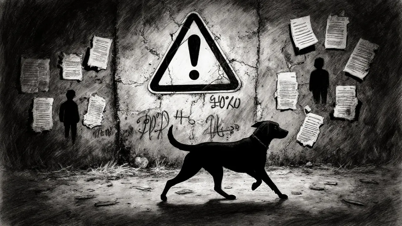 Charcoal illustration of a lone dog walking away from a warning sign on a broken wall.
