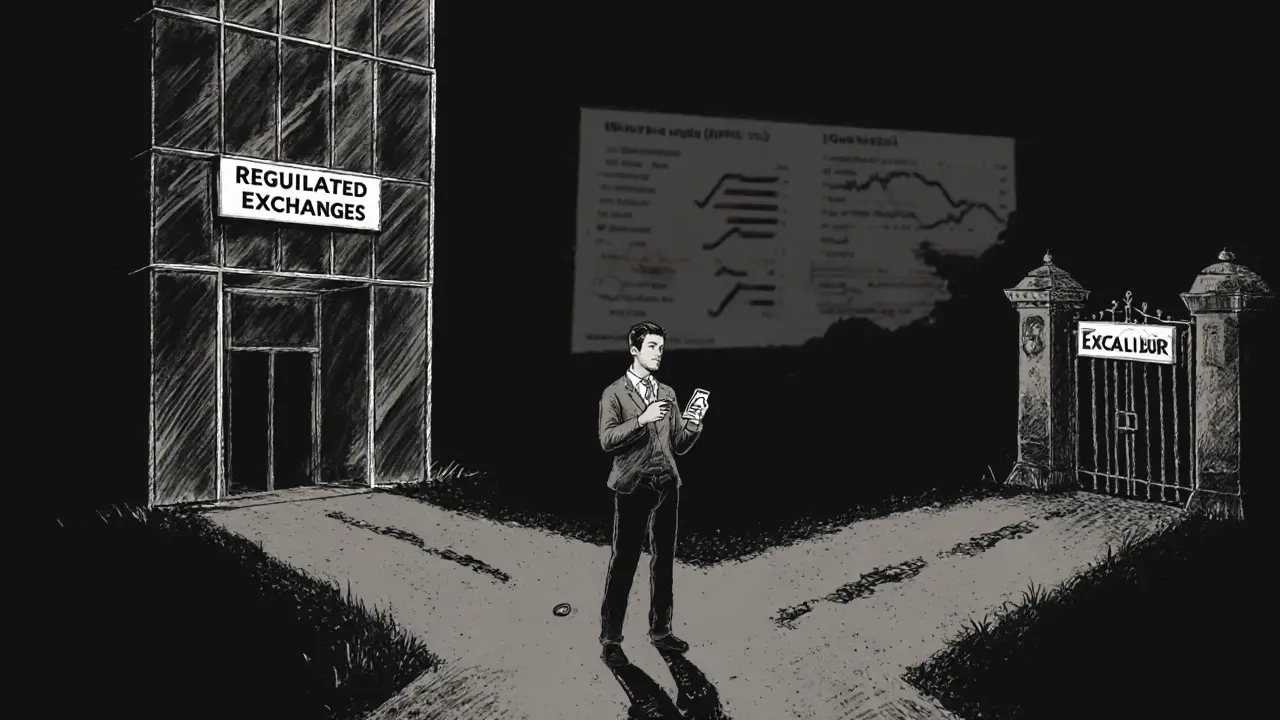Charcoal illustration of a trader choosing between a regulated exchange and Excalibur, holding a coin and phone.