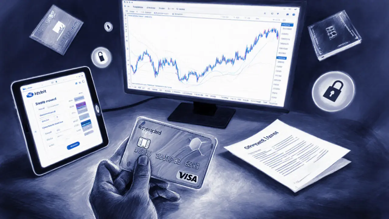 Charcoal illustration of a trader’s desk featuring a crypto debit card, staking screen, loan document, and security symbols.