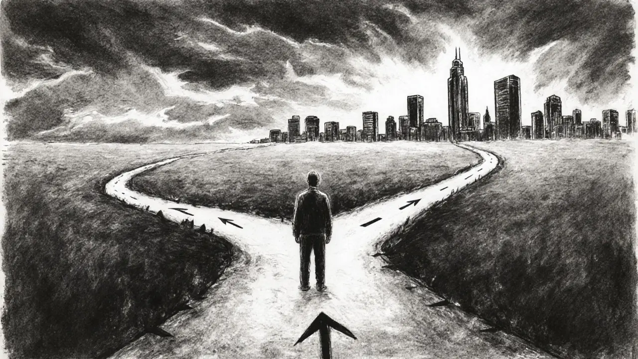 Charcoal illustration of a trader standing at a forked path, one side dark, the other bright, symbolizing exchange choices.