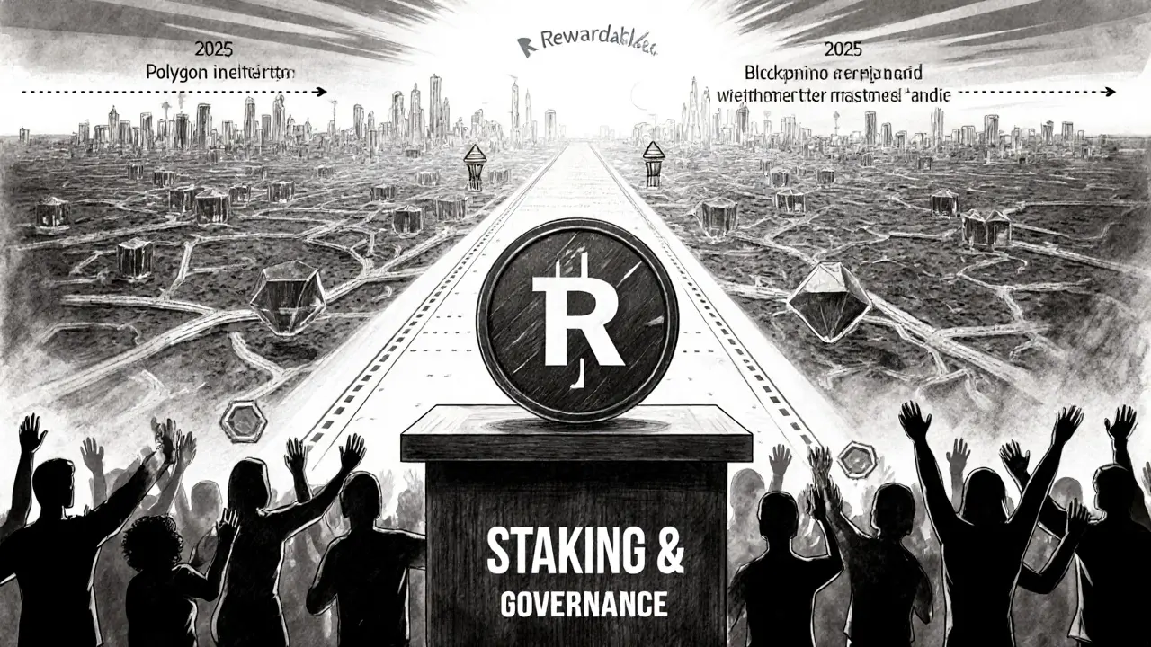 Charcoal illustration of future roadmap with staking podium, blockchain network, and growth milestones.