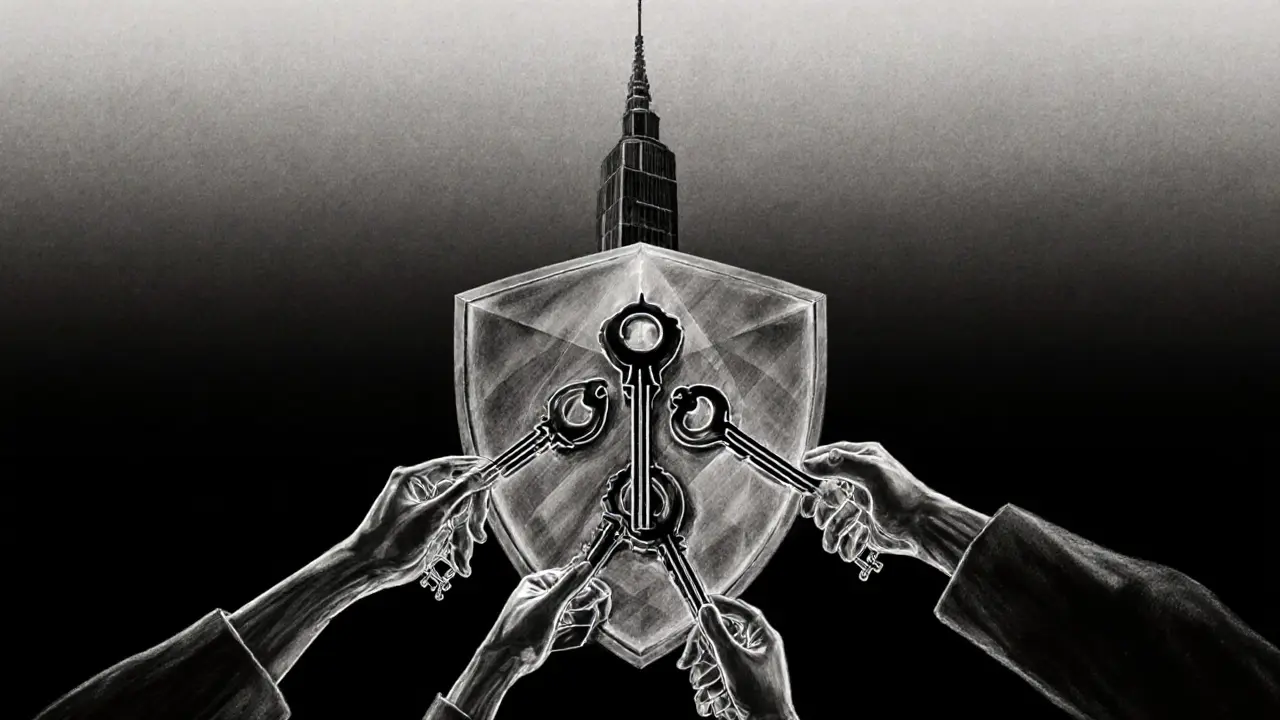 Charcoal illustration of multiple hands holding keys forming a shield with a quantum computer silhouette.