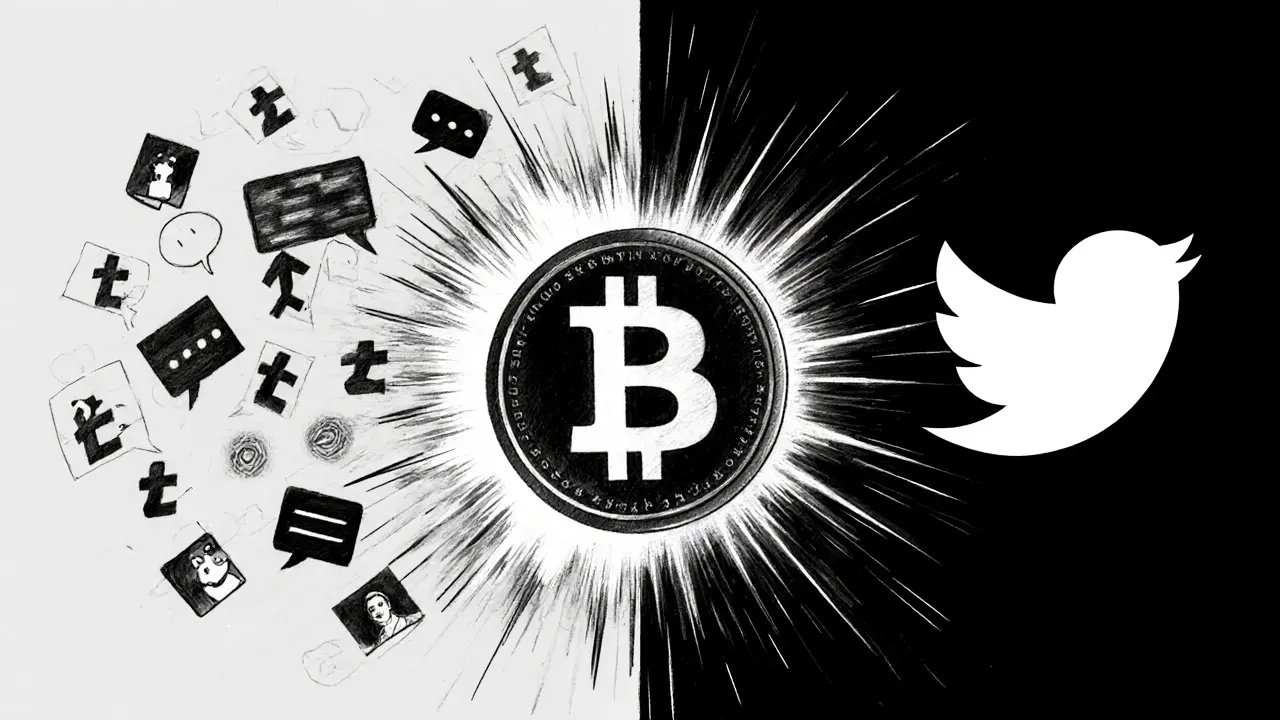 Charcoal illustration of online community buzz with abstract Reddit upvote symbols and a bird silhouette echoing a celebrity tweet, igniting a memecoin.