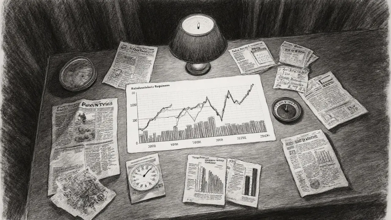 Charcoal illustration of sentiment data streams, charts, and VIX indicators feeding a trader.