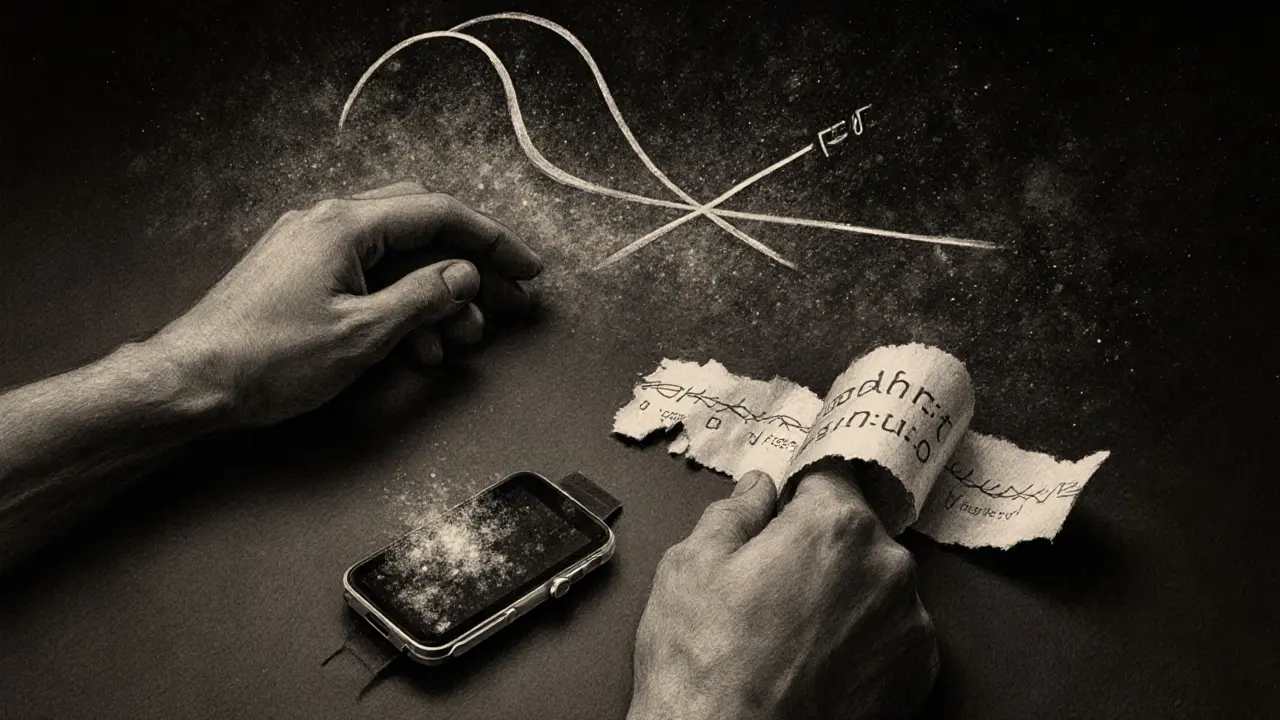 Charcoal scene of a hardware wallet, abstract seed phrase paper, and ellipic curve math.