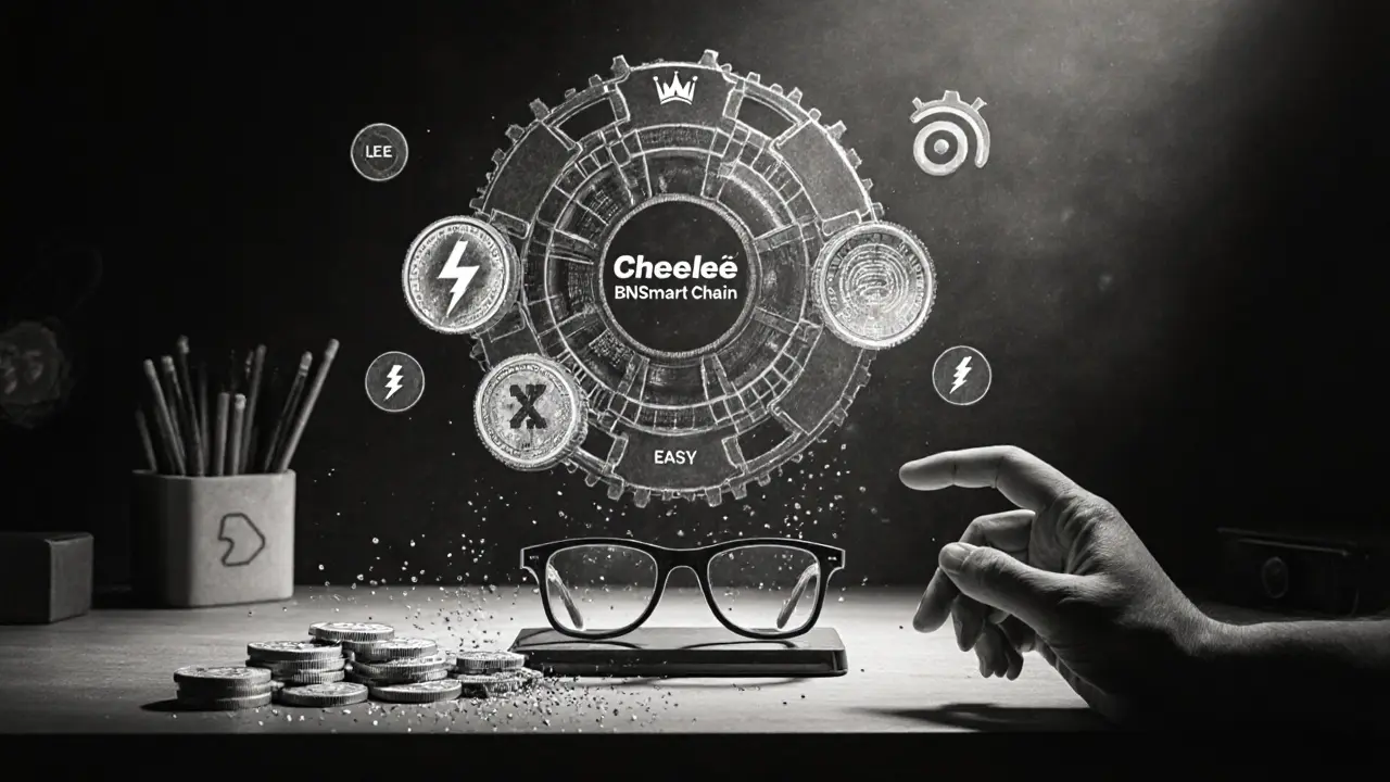 Charcoal scene of BNB Smart Chain gears with CHEEL, LEE, EASY token symbols and NFT glasses.