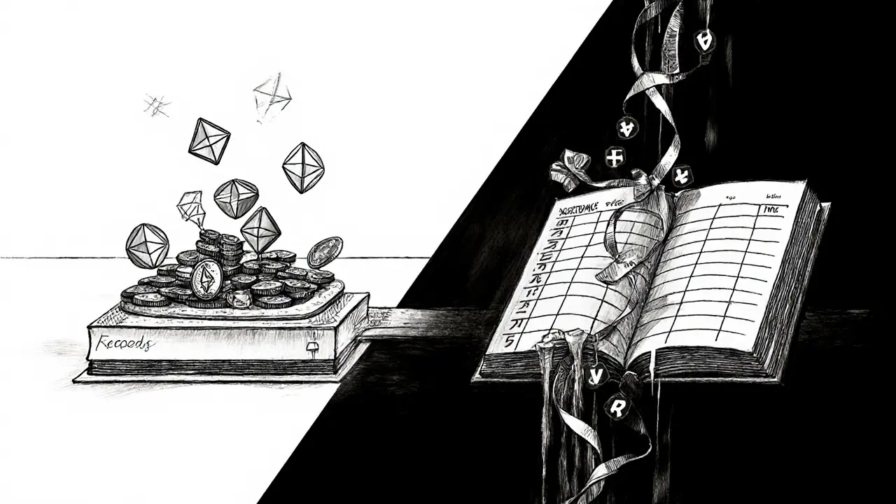 Charcoal split scene showing consensus minted coins and execution fee ribbons.