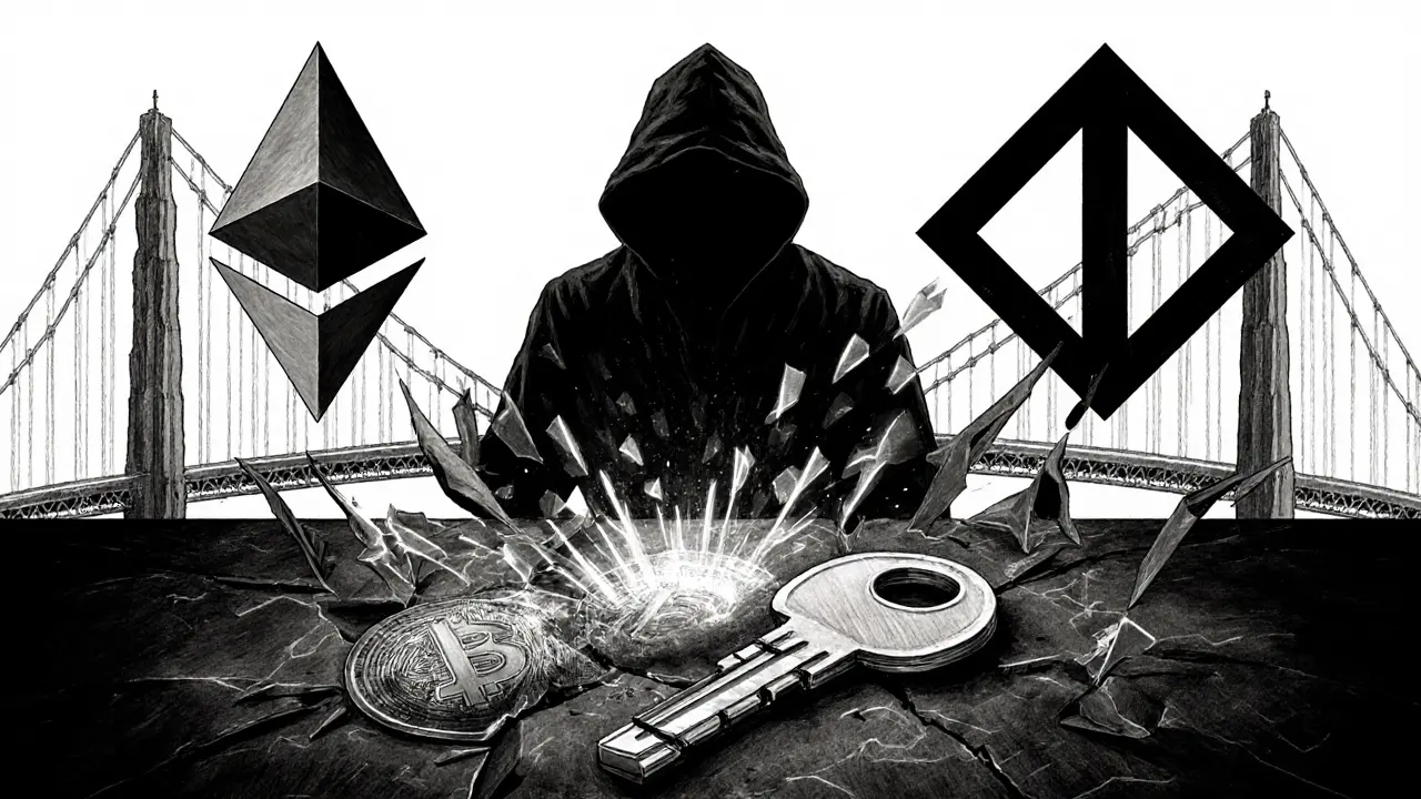 Cracked private key and spilled tokens beside a broken Ethereum‑BSC bridge in a chaotic scene.