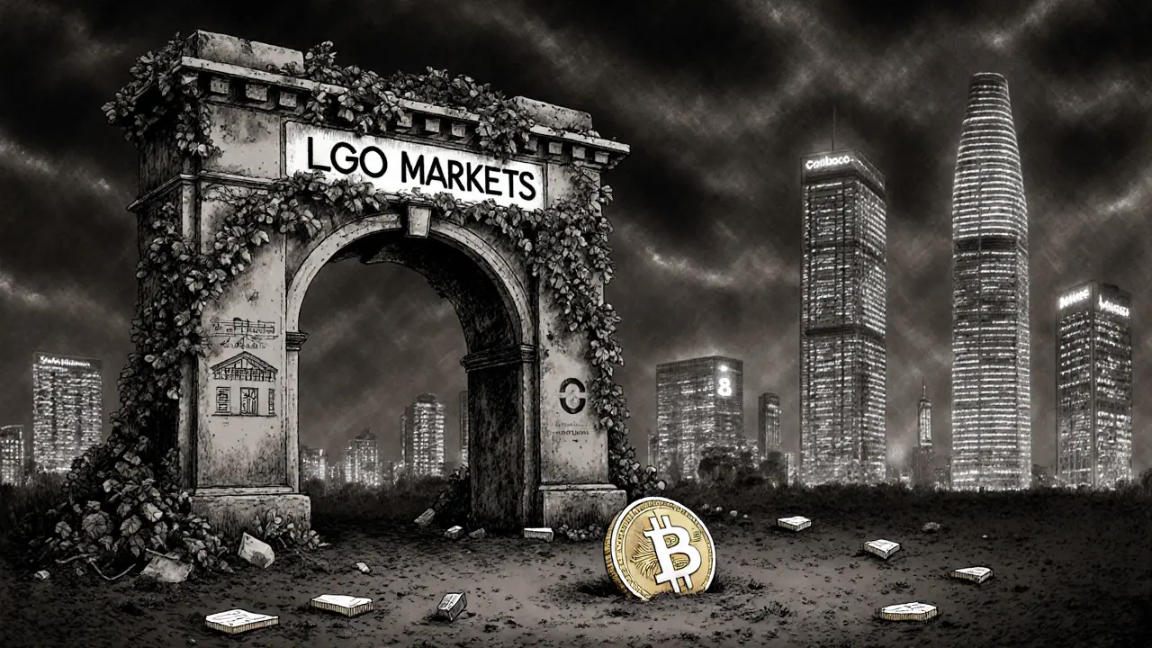 Crumbled LGO Markets arch with blockchain fragments and modern exchanges in distance
