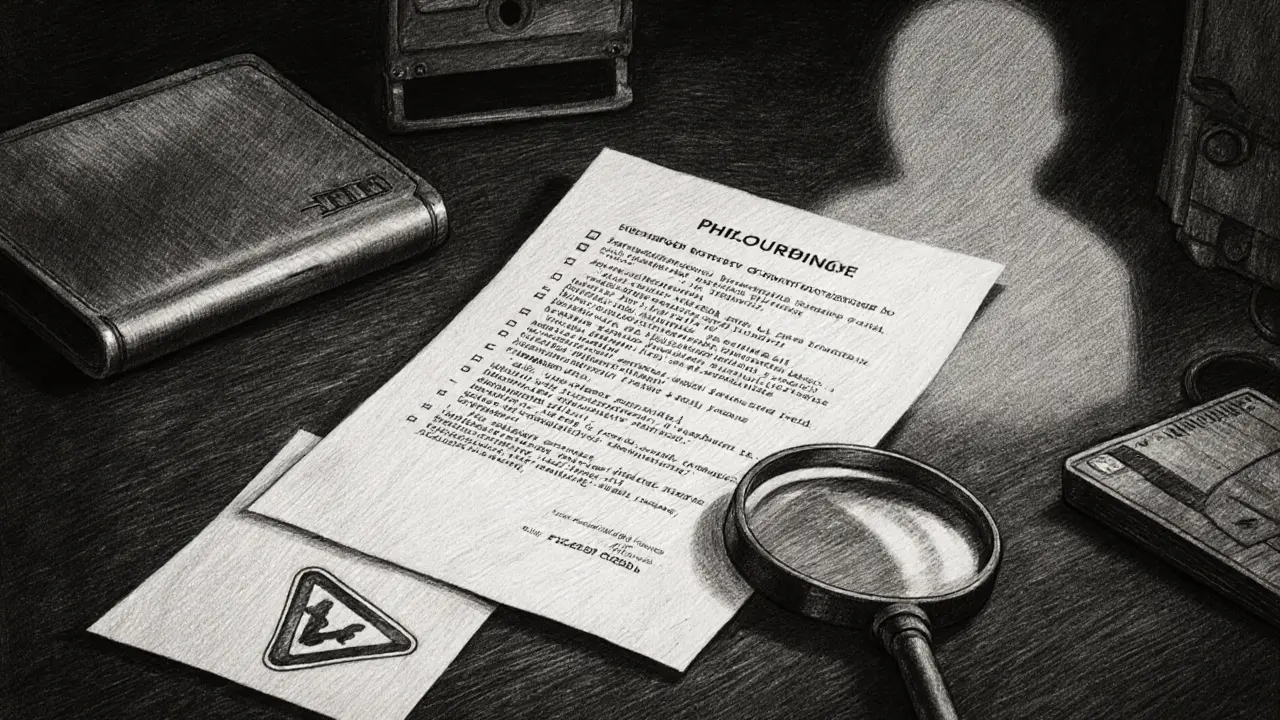 Desk with hardware wallet, magnifying glass over contract paper, and warning icon near a shady token.