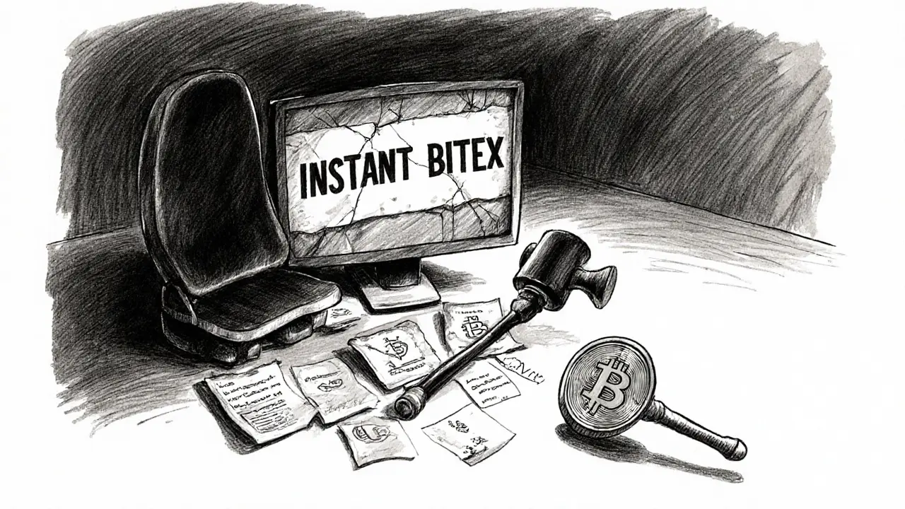 Empty office with broken monitor, regulatory gavel, and drifting Bitcoin symbol in charcoal.