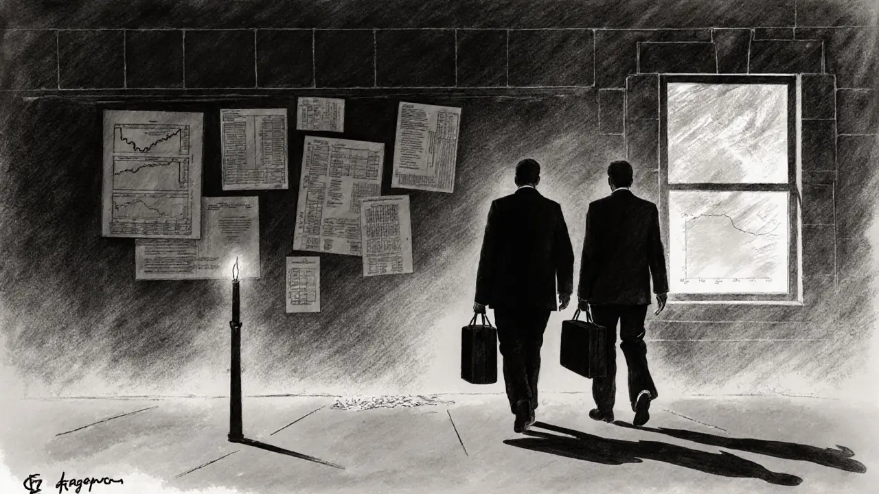 Former LGO founders walking away from closed office as ghostly charts fade behind them