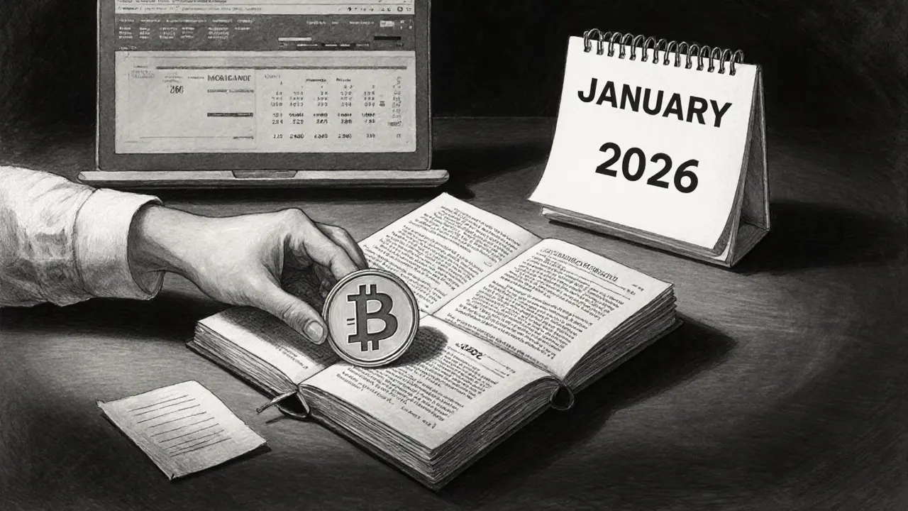 Hand placing a crypto token into an ISA book with a 2026 calendar in charcoal style.