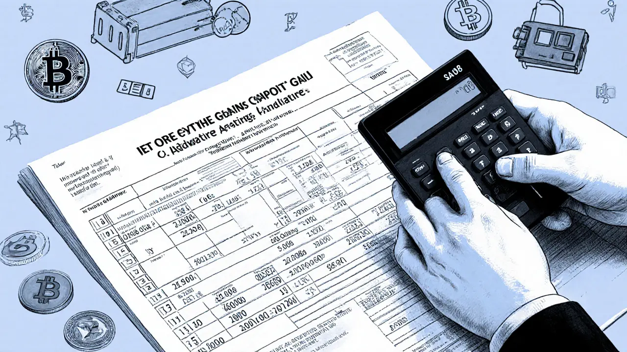 Hands using a calculator and tax form with crypto coins and numbers in charcoal drawing.