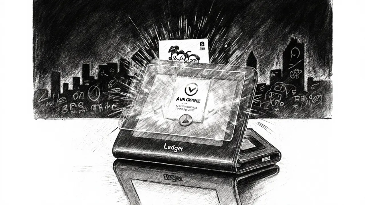 Hardware wallet showing secure claim confirmation with a shield and meme‑themed NFT card nearby.