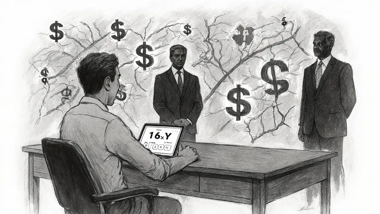 Investor watching staking rewards on tablet, with shadowy finance veterans overseeing loan networks behind.