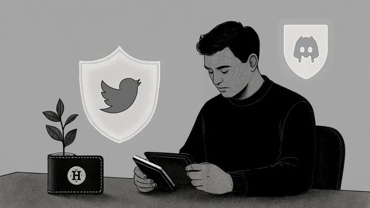 Person safely handling a wallet and staking icons under a protective shield.