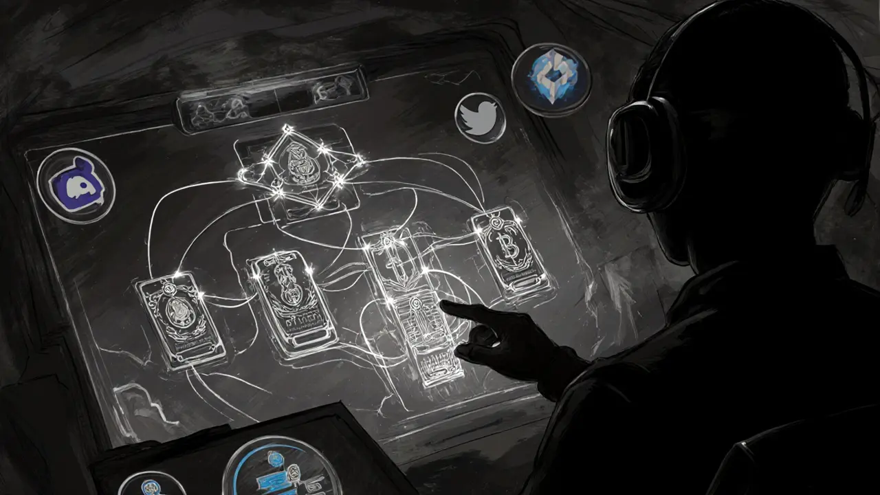 Player in a game arena linking NFT cards to LOCG token streams via a smart contract interface.