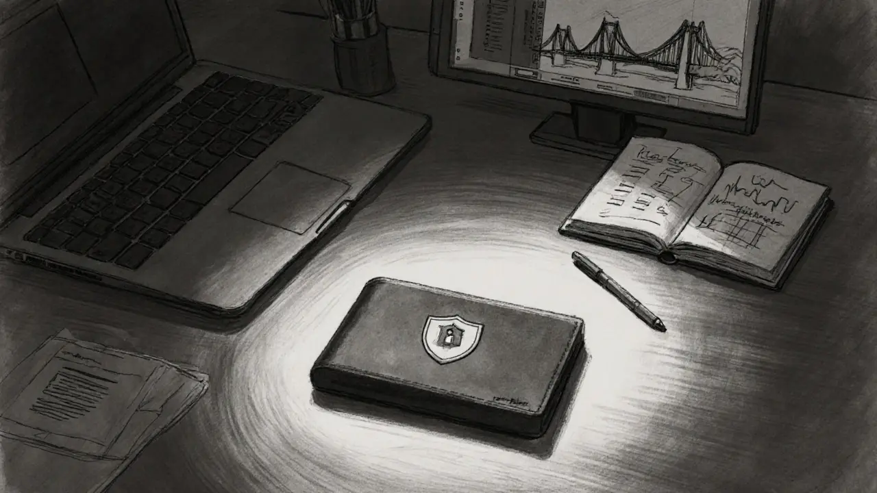 Secure hardware wallet on a desk with shielded laptop and calm monitoring dashboard.