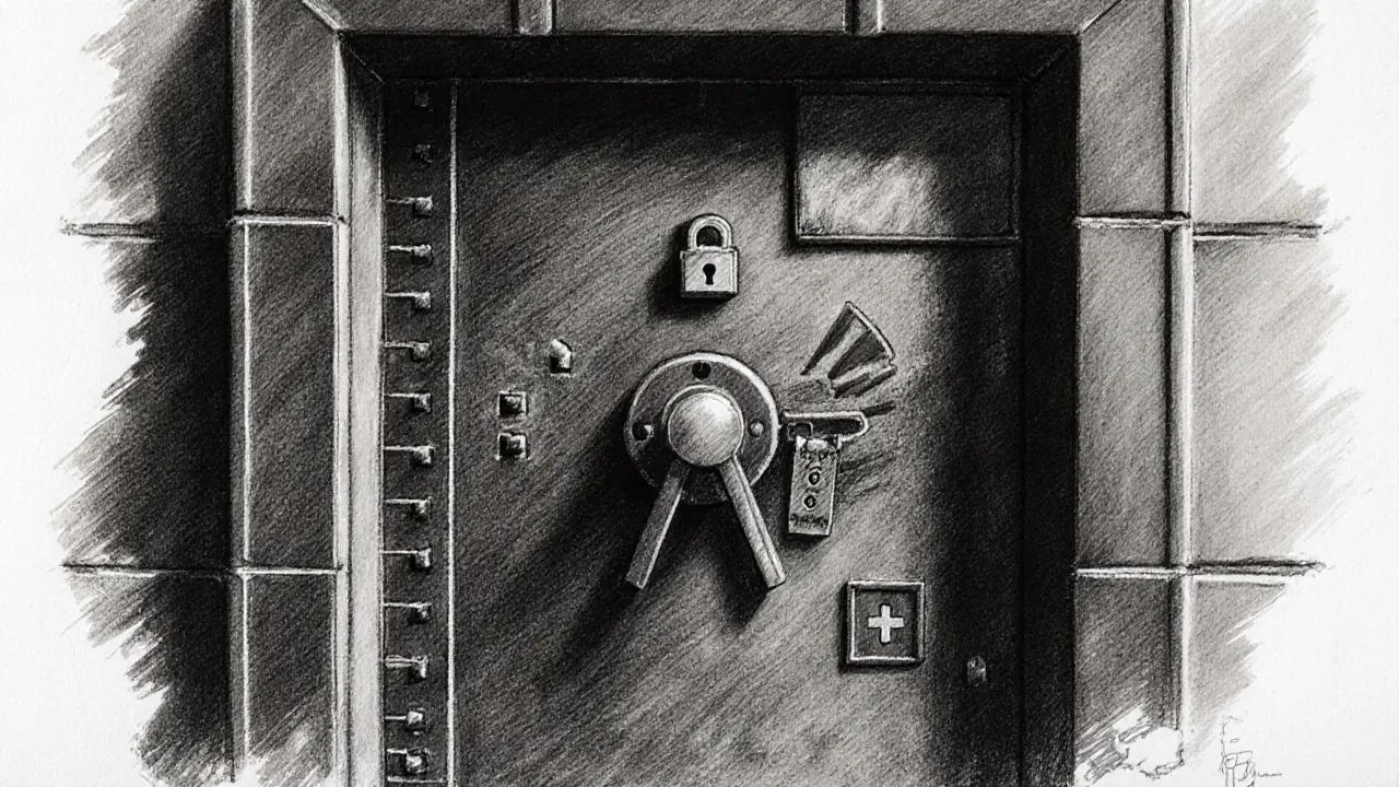 Secure Swiss bank vault door with cryptographic locks and EMP shielding in charcoal drawing