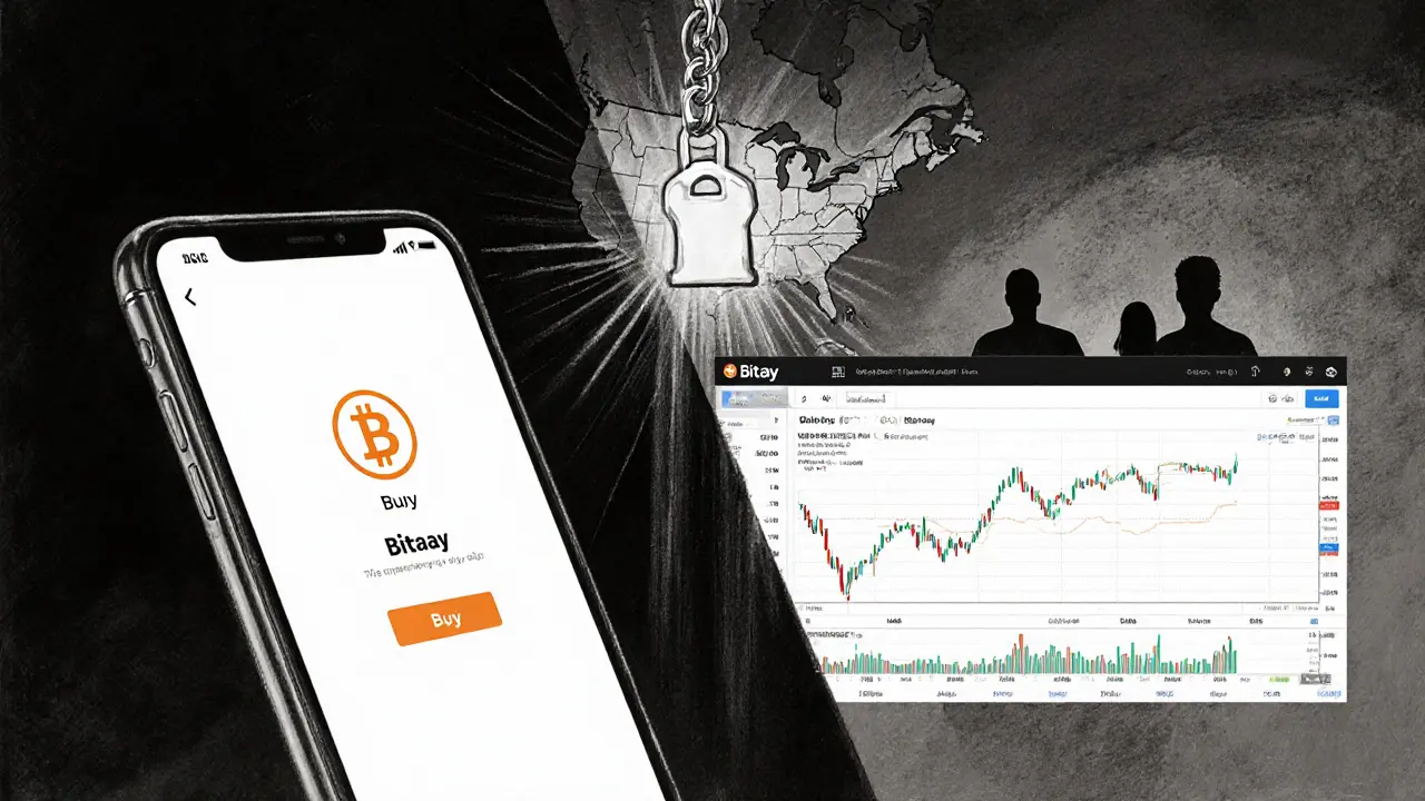 Split charcoal illustration comparing Bitay’s simple and advanced trading interfaces, connected by cold storage keys.