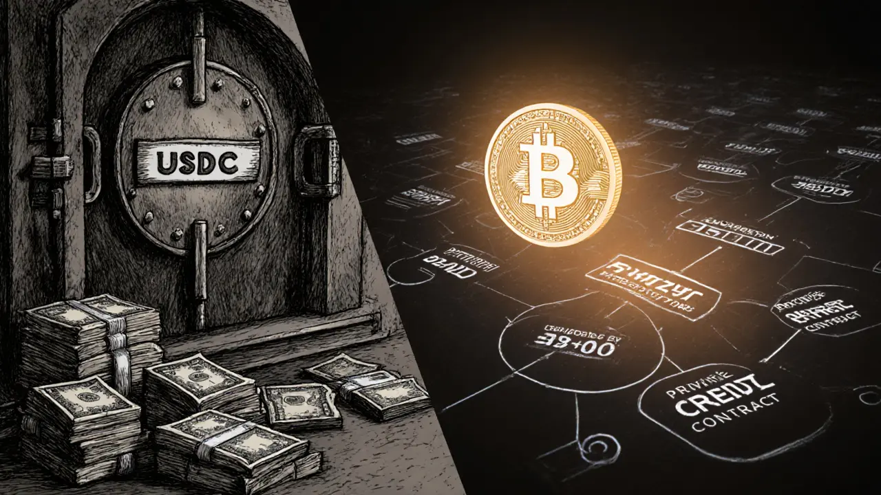 Split scene: traditional bank vault on left, digital loan ledger on right, with USDZ token between them.
