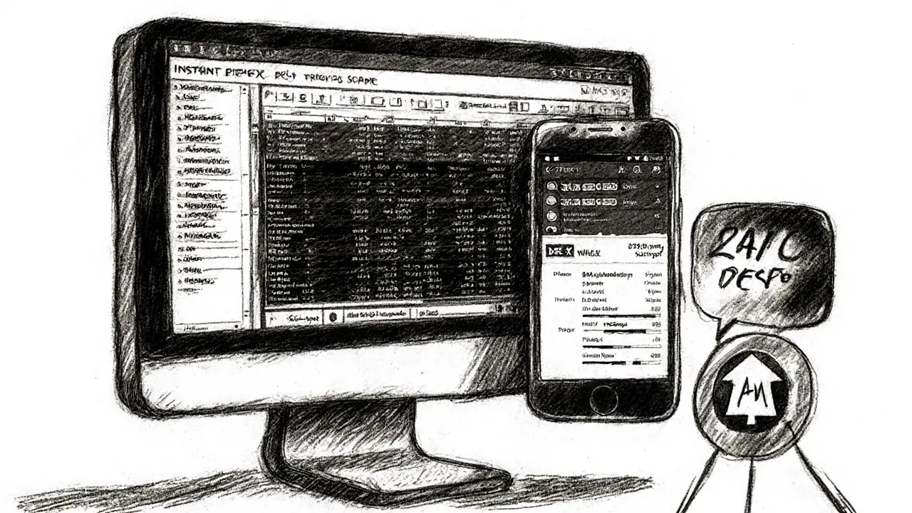 Split view of desktop and mobile interfaces with margin, DEX, and OTC features in charcoal.