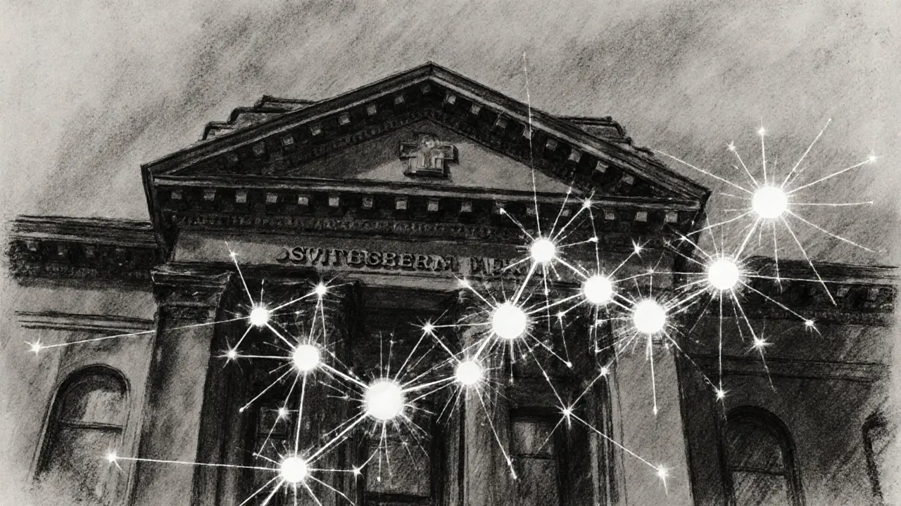 Swiss bank building connected to rising digital network lines symbolizing market growth