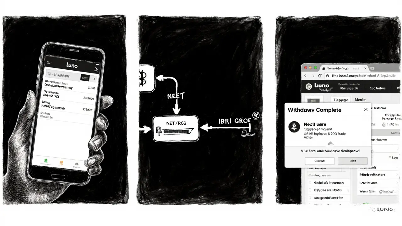 Three‑panel charcoal illustration showing crypto sale on phone, electronic wire transfer, and bank dashboard update.