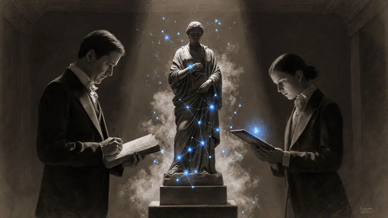 Two figures in an auction room, one with a ledger, the other scanning a sculpture with a tablet, blockchain nodes floating around the artwork.