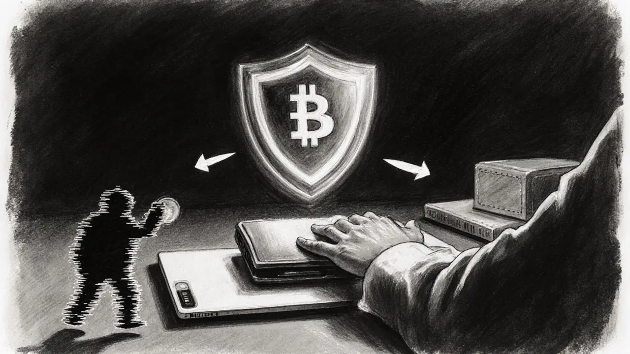 User with hardware wallet protected by a glowing shield, repelling a dark token figure.