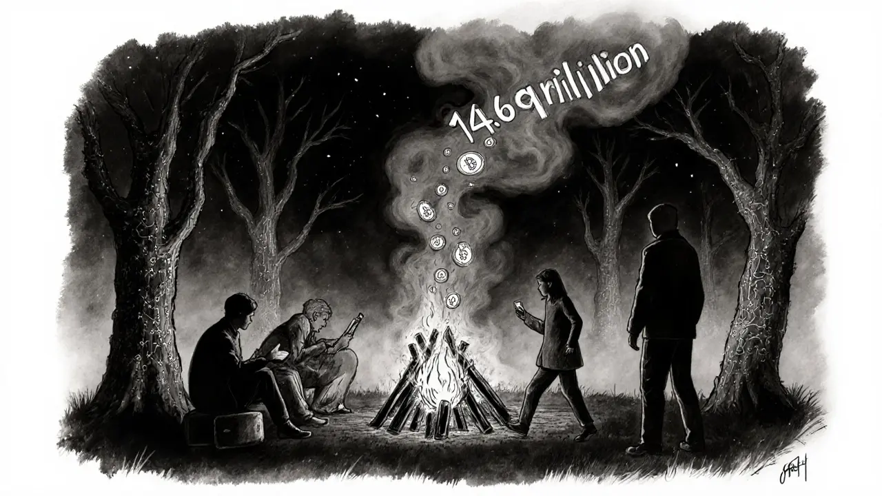A campfire in a digital forest with JAGER tokens as embers, some holders gathered, others walking away.