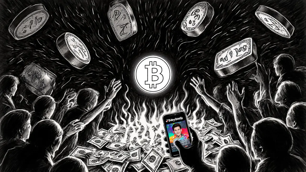A chaotic digital marketplace scene with Solana nodes and a BABYDENG token surrounded by burning money, all in charcoal.